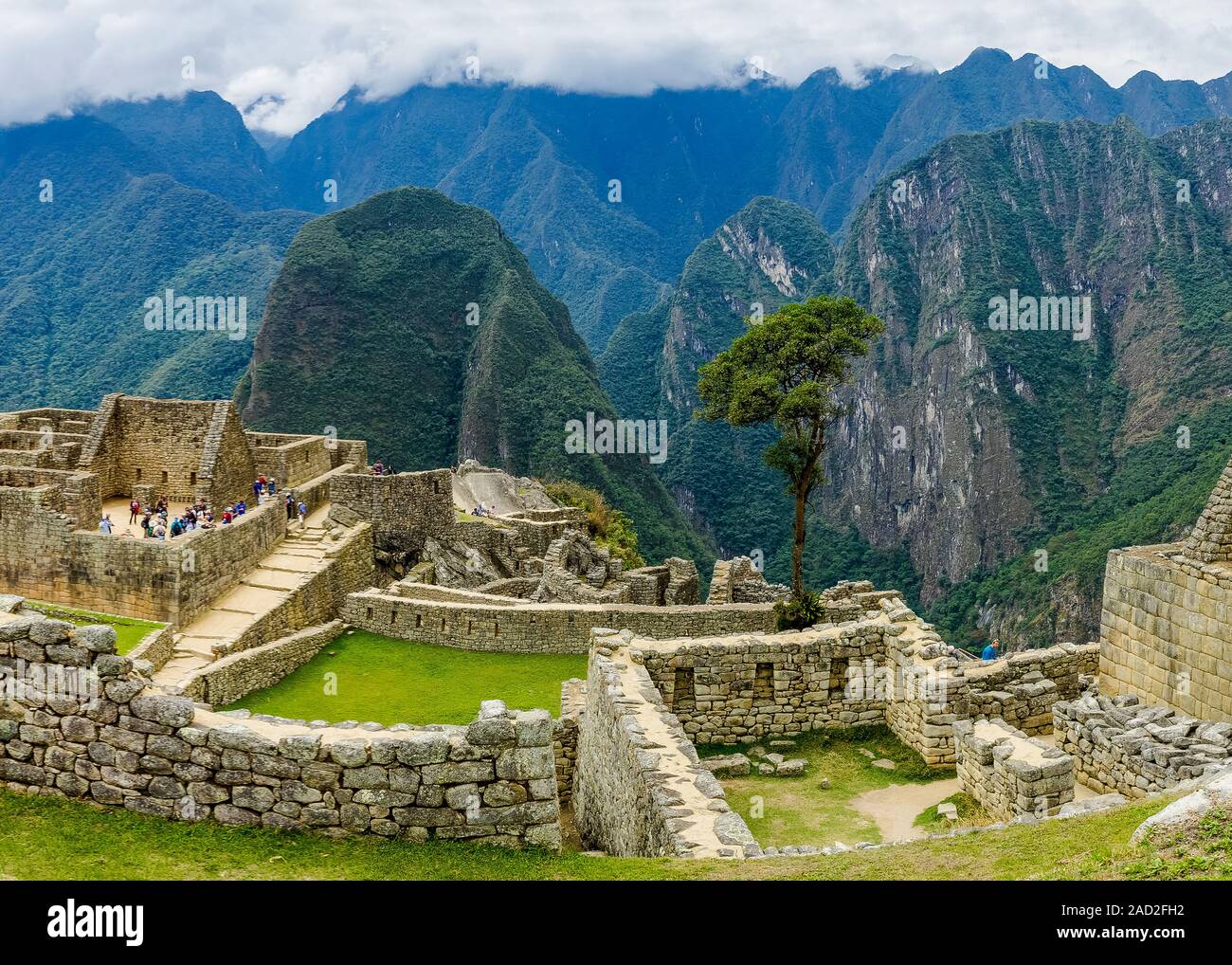 Machu Picchu is an Incan citadel set high in the Andes Mountains in Peru, above the Urubamba River valley. Built in the 15th century and later abandon Stock Photo