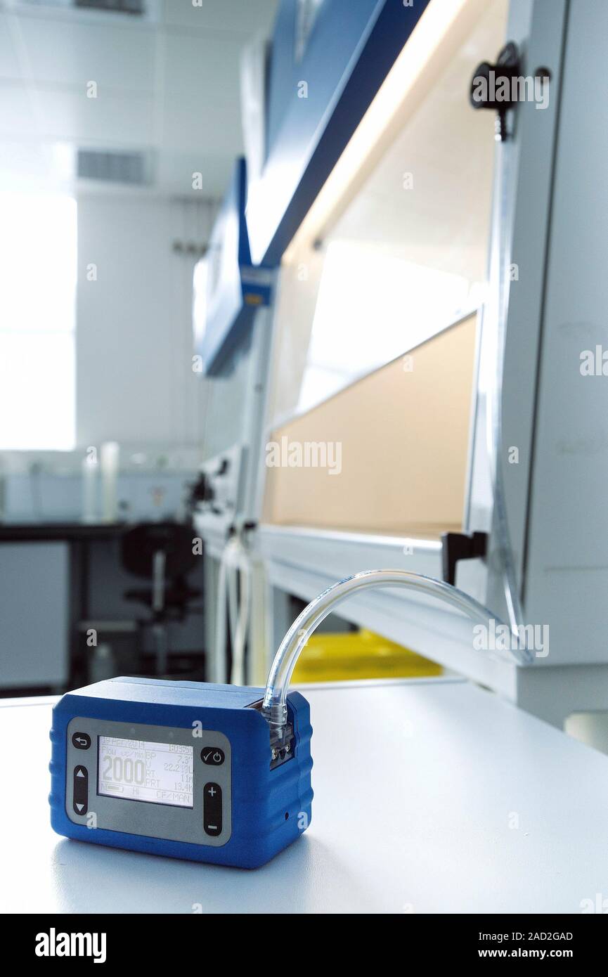 Fume cupboard safety testing. Air flow monitor (lower left) being used