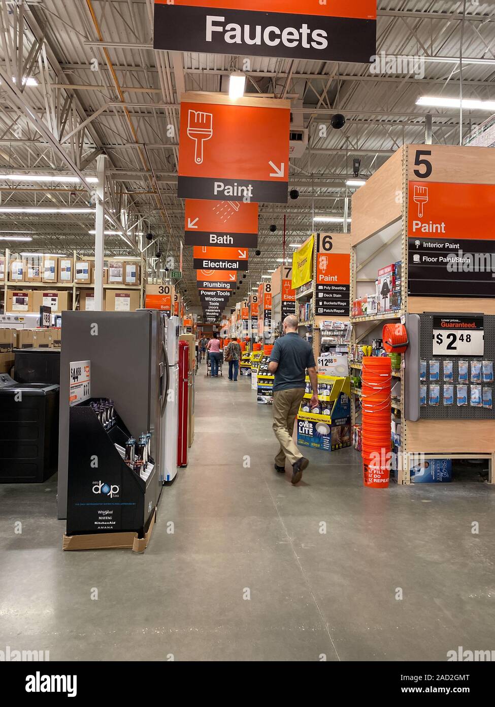 Orlando,FL/USA-11/11/19: The signs hanging from the ceiling at Home Depot home improvement store that designate what departments are in the aisle whil Stock Photo