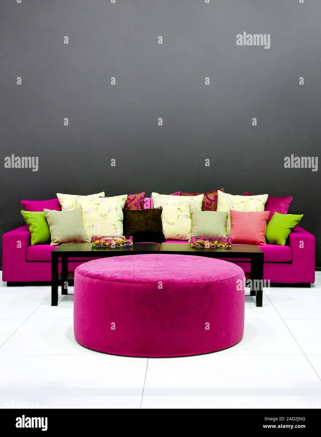 Purple Sofa With Pillows In Dark Room Stock Photo 335046140 Alamy