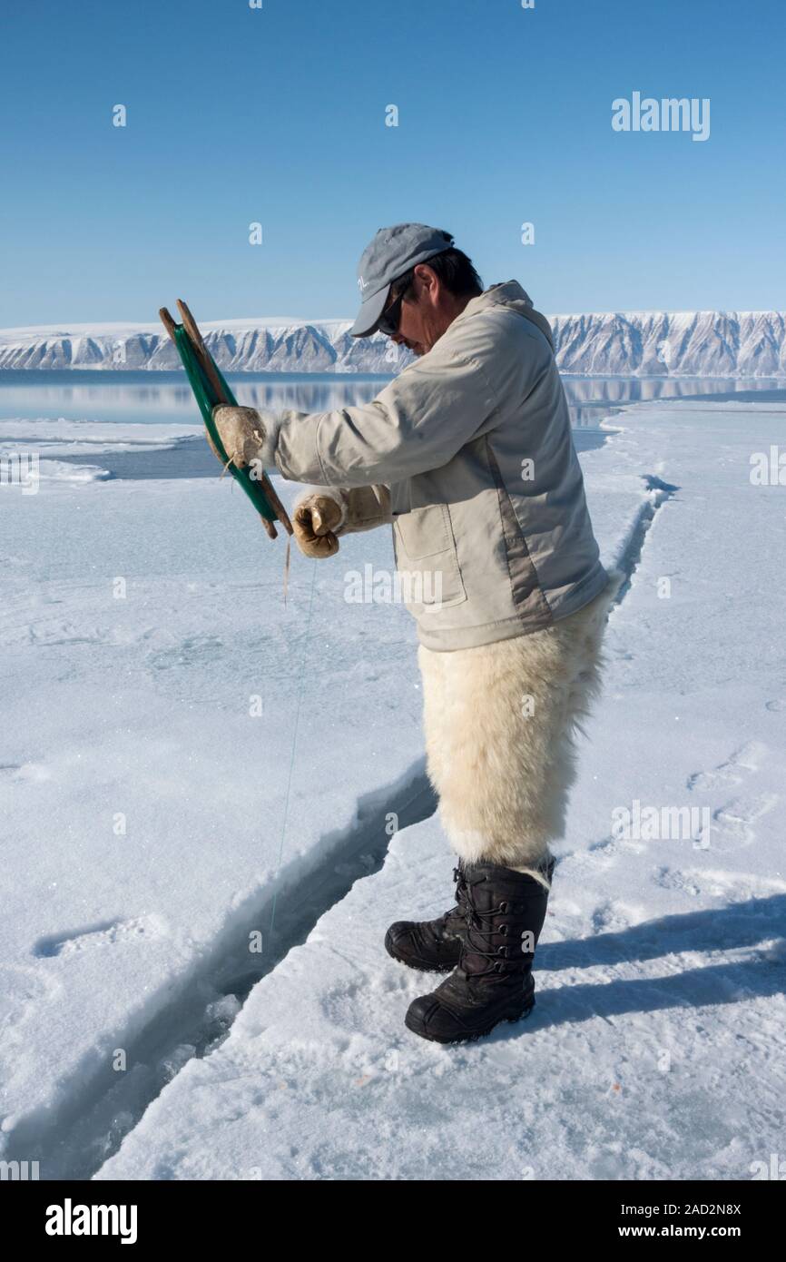 Inuit hunter line fishing for Arctic cod, sculpin and halibut. This  technique is also known as handline fishing. Fishing lures or baited hooks  are att Stock Photo - Alamy