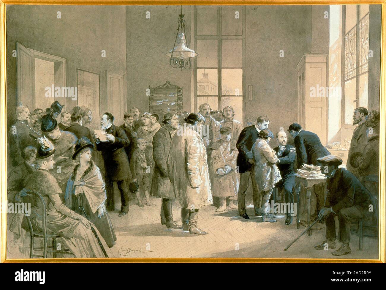 Patients bitten by rabid dogs being inoculated against hydrophobia at the laboratory of the Ecole Normale, Paris, 1886, Louis Pasteur is on right of g Stock Photo