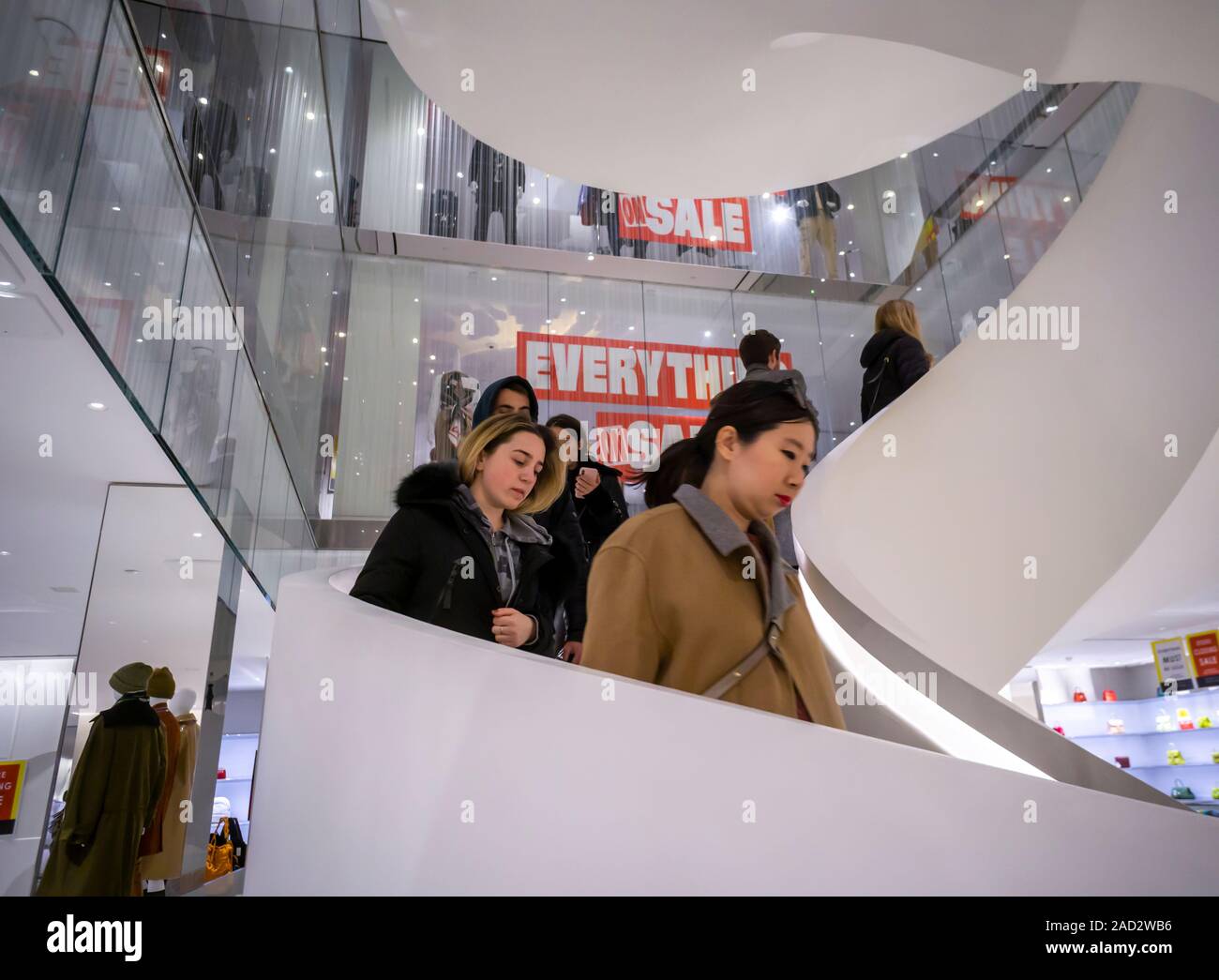 The Barneys store on Seventh Avenue in New York is festooned with signs informing loyal fans that the store is liquidating, seen on Saturday, November 23, 2019. The iconic fashion outposts were sold to B. Riley Financial, liquidation specialists, while the intellectual property went to Authentic Brands Group. (© Richard B. Levine) Stock Photo