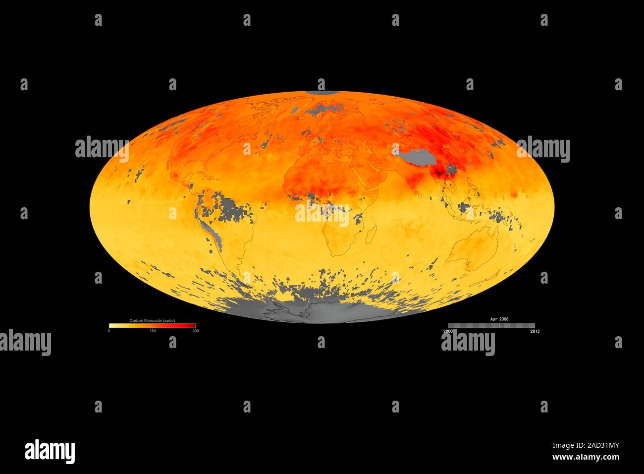 Global carbon monoxide levels. Satellitebased map showing levels of