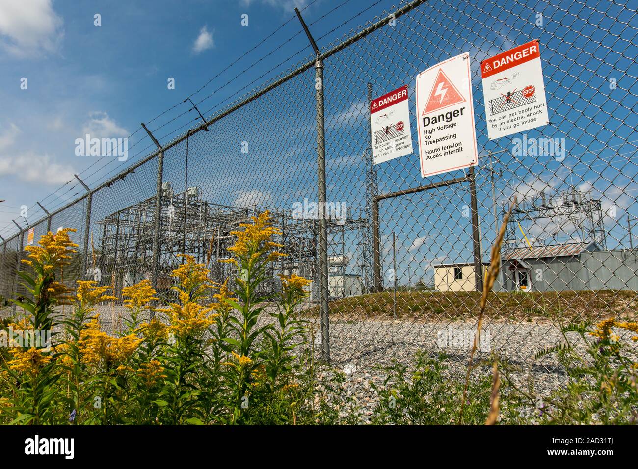 Danger High Voltage Signs on the exterior electric fence of an