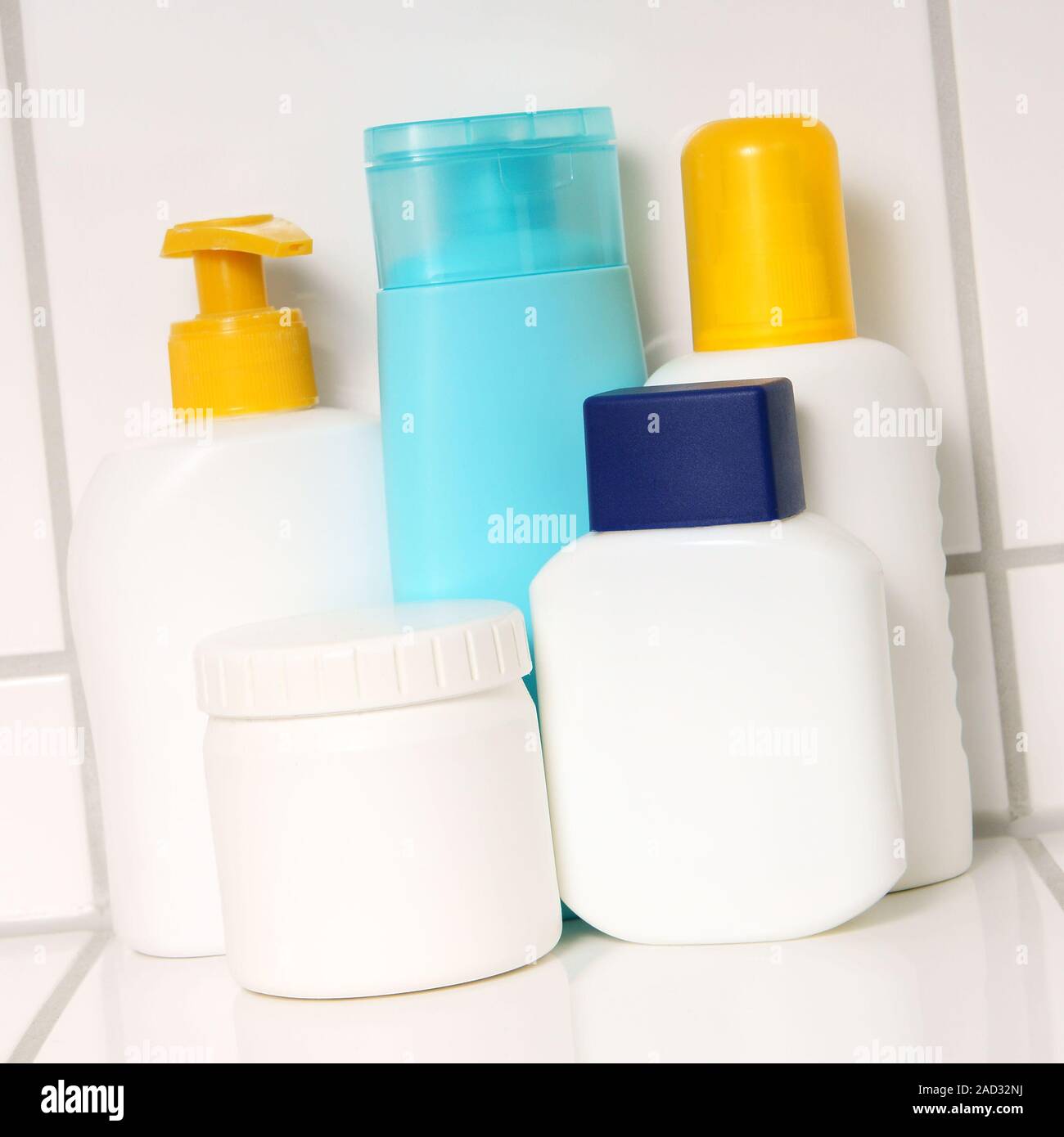assortment of beauty and body care products in blank bottles and containers Stock Photo