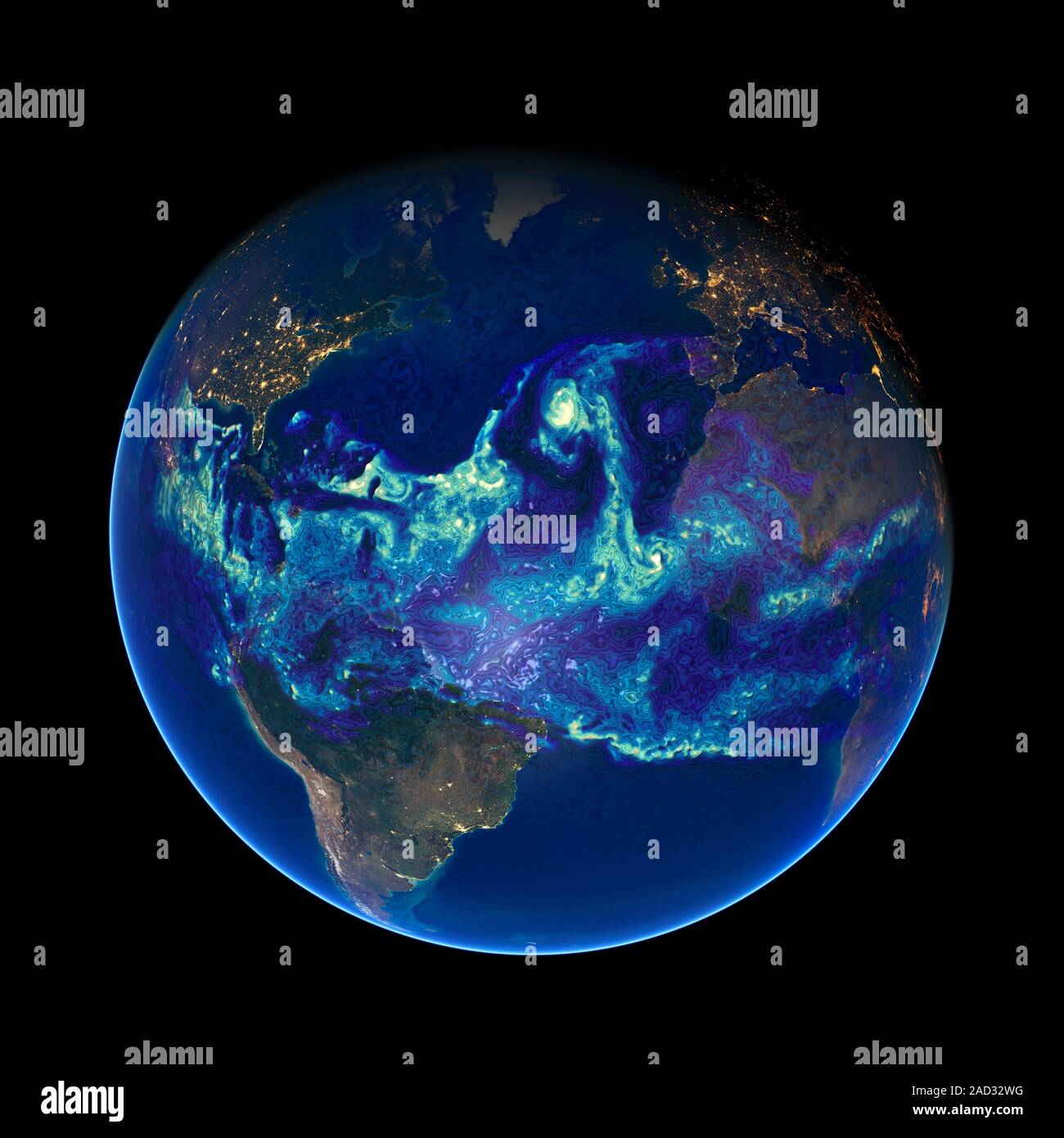 Atlantic atmospheric water vapour. Earth hemisphere globe, centred on