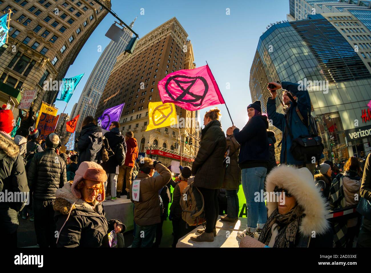 Environmental activists affiliated with Extinction Rebellion protest in Herald Square in New York on Friday, November 29, 2019. (© Richard B. Levine) Stock Photo