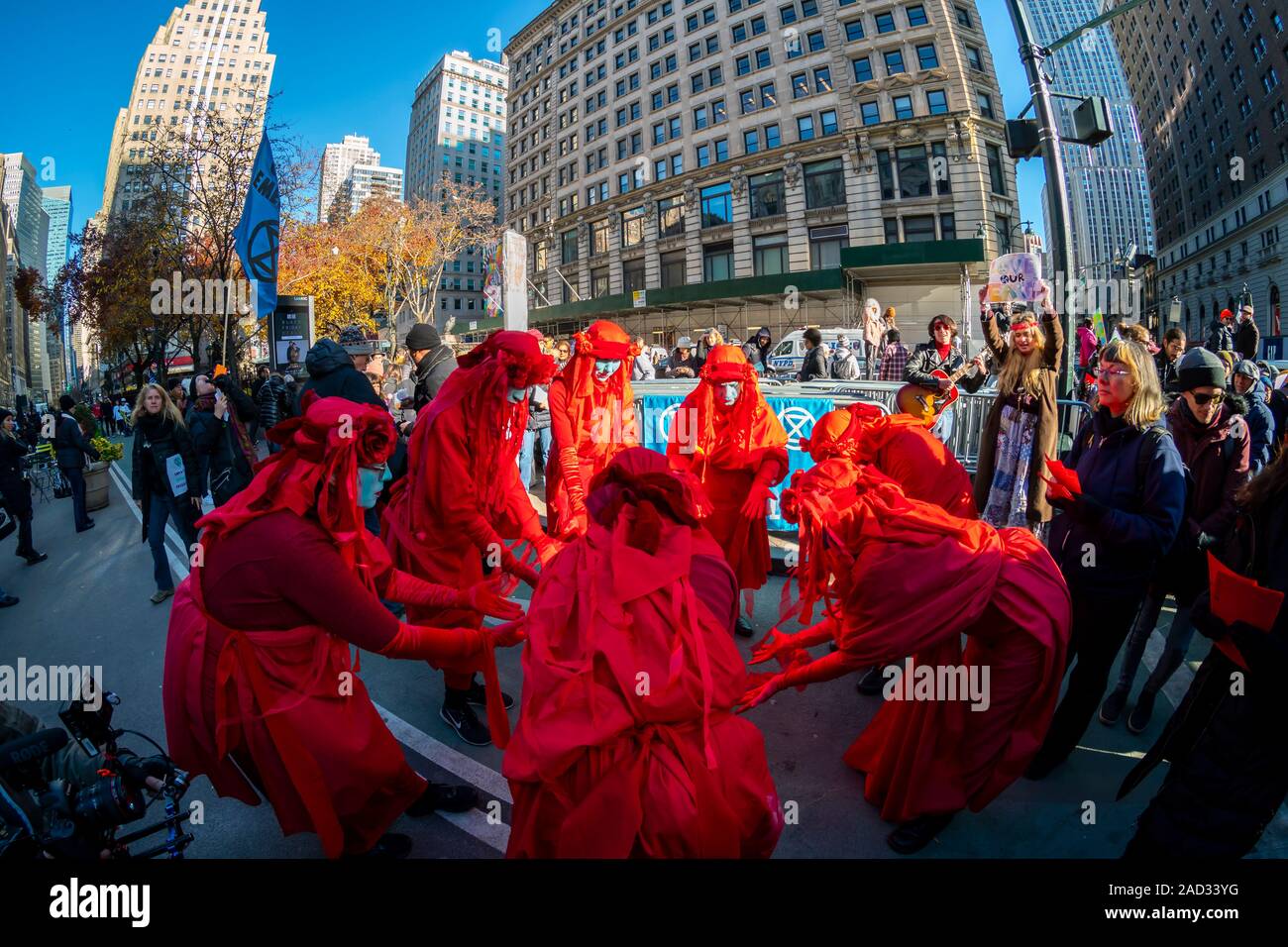 Environmental activists affiliated with Extinction Rebellion protest in Herald Square in New York on Friday, November 29, 2019. (© Richard B. Levine) Stock Photo