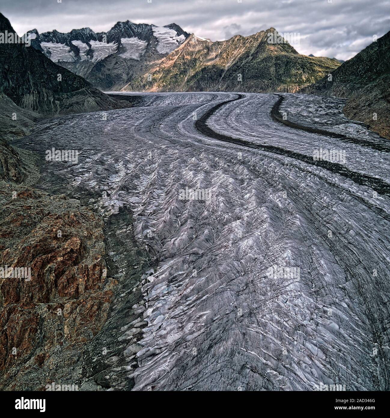 The ice tongue of the Great Aletsch Glacier, whose rippled surface