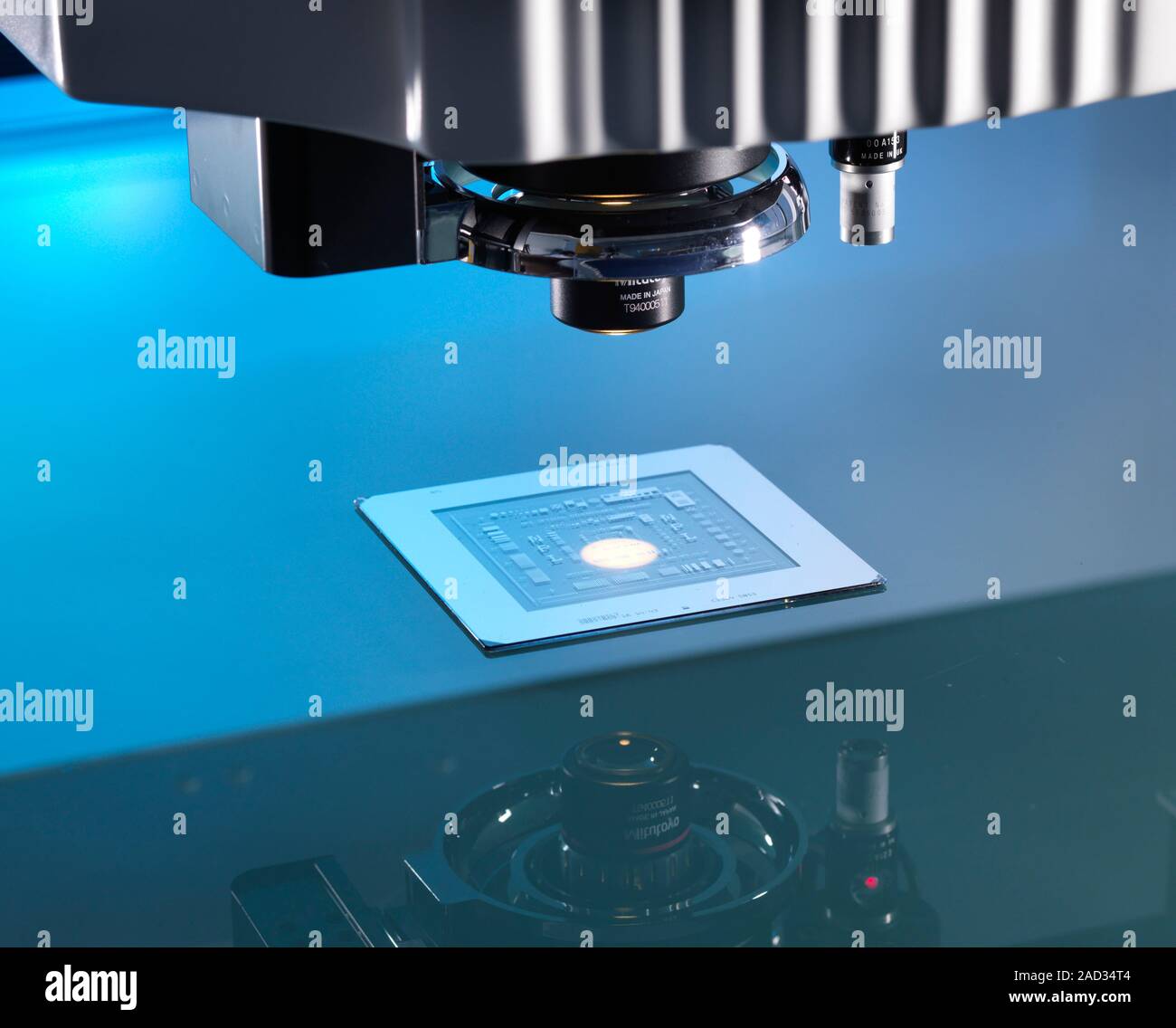 Co-ordinate measuring machine testing. Close-up of the probe head of a coordinate measurement machine (CMM), a system capable of accurate 3D measureme Stock Photo