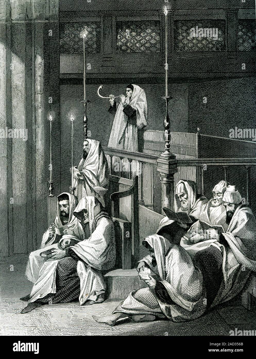 Jewish religious ceremony. 1874 illustration of a shofar (horn) being blown in a synagogue