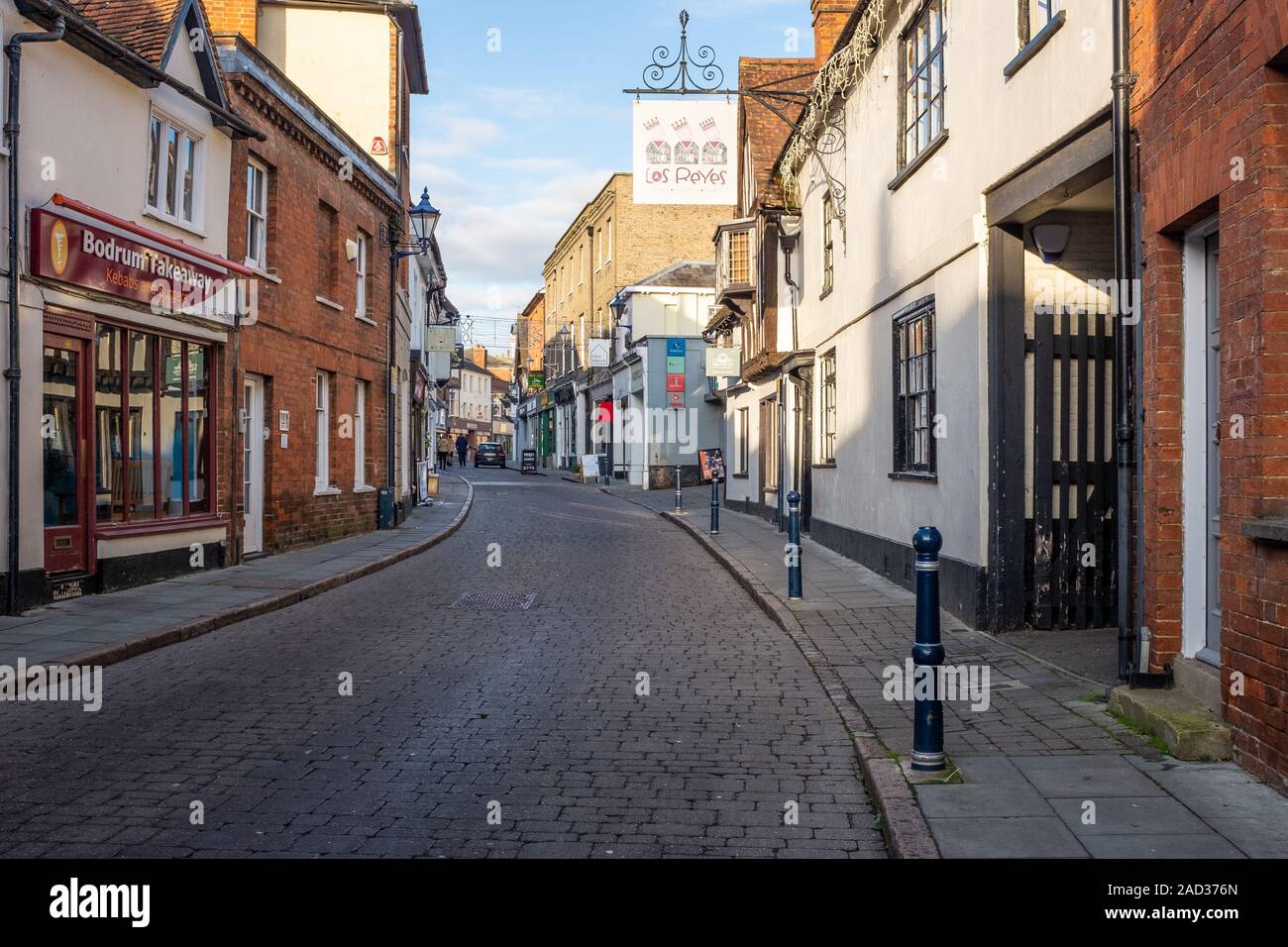 View looking down Bucklersbury, Hitchin, Hertfordshire, UK on sunny afternoon. Stock Photo