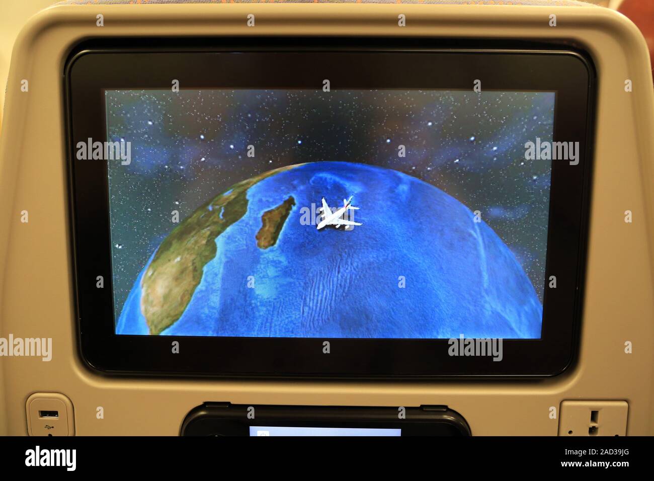 Monitor for in-flight entertainment at the aircraft seat, Inflight Entertainment Stock Photo