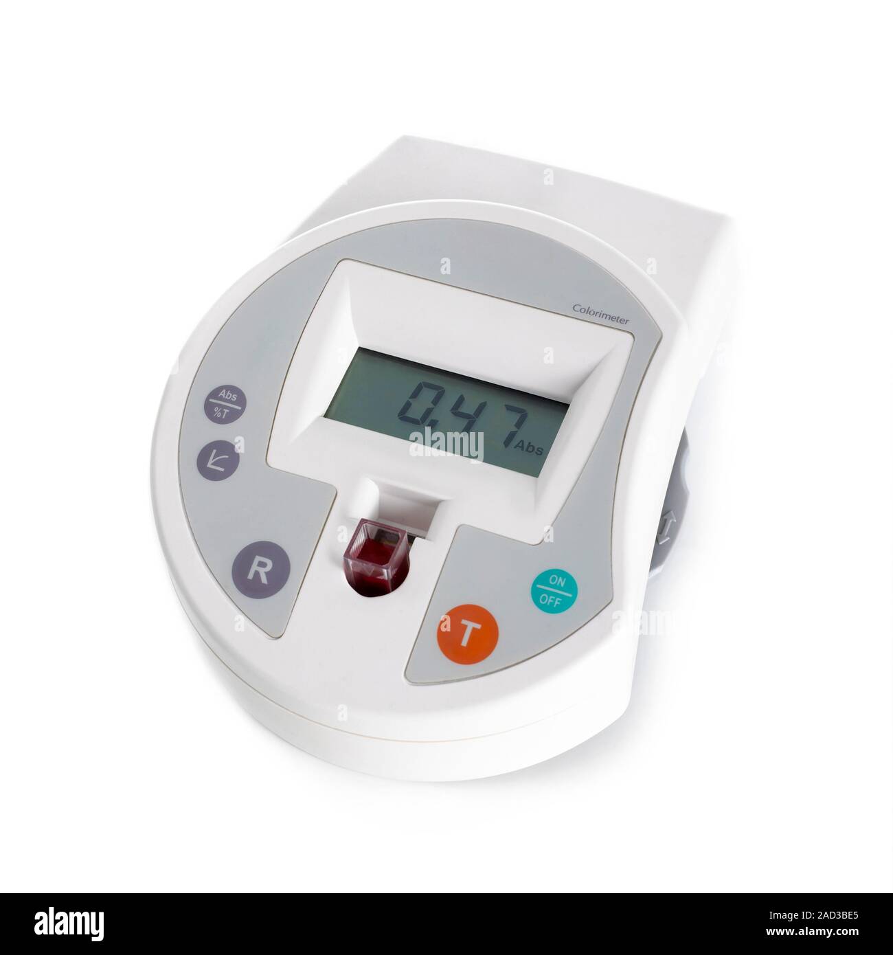 Digital colorimeter measuring a sample. The colorimeter measures the absorbance of different