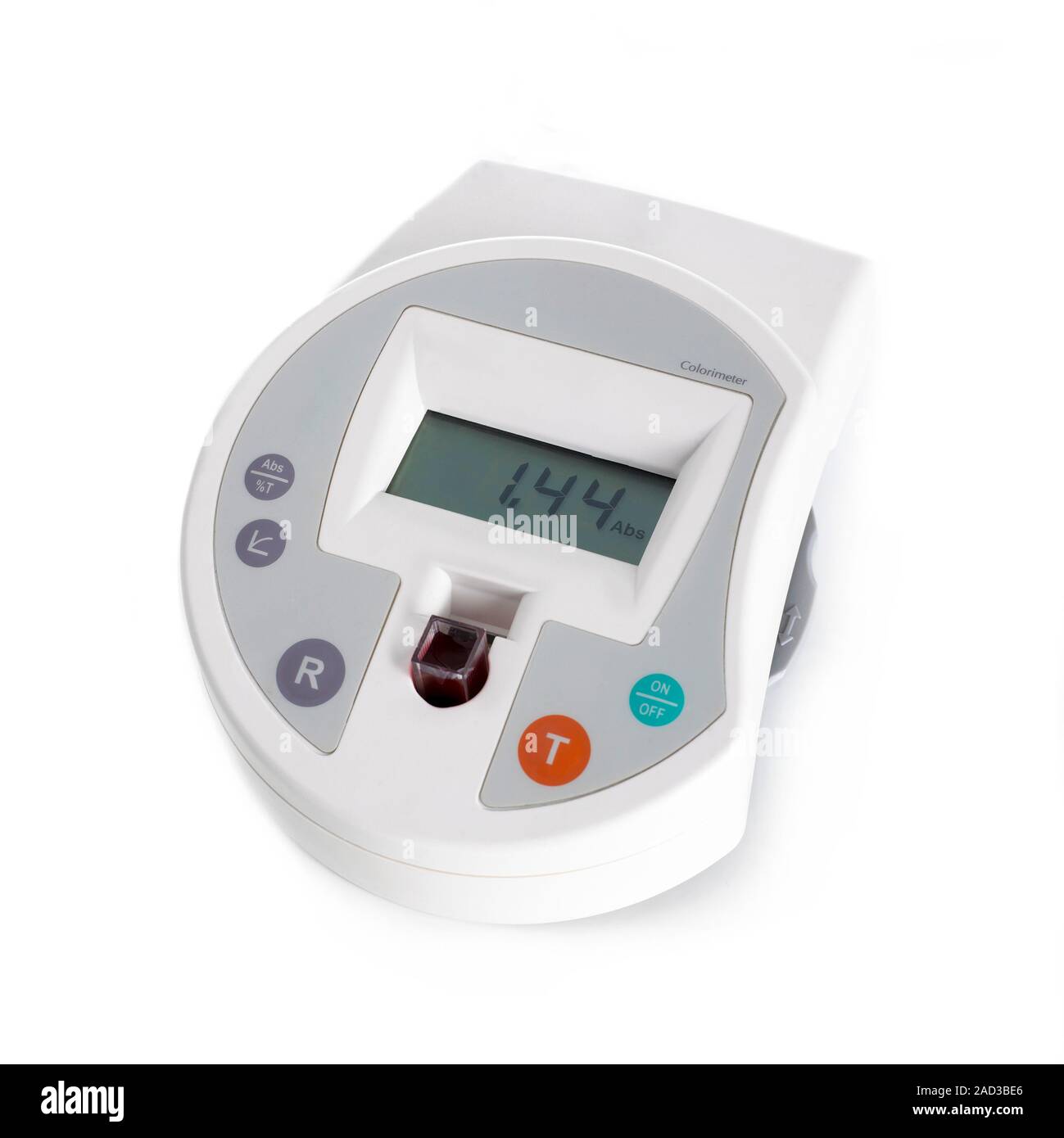 Digital colorimeter measuring a sample. The colorimeter measures the