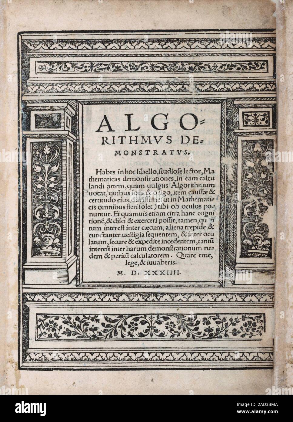 Algorithmus demonstratus (1534). This work on arithmetic and algebra has been attributed to German mathematician Johannes Mueller von Konigsberg (1436 Stock Photo