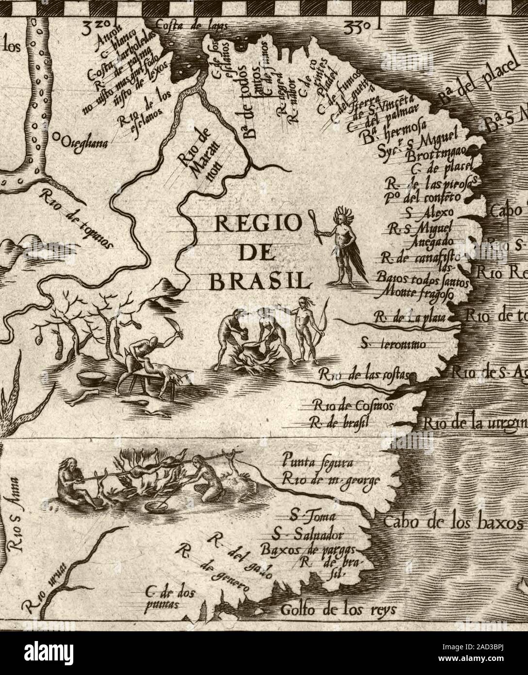 Cannibal legends in Brazil. 16th-century map showing European legends ...