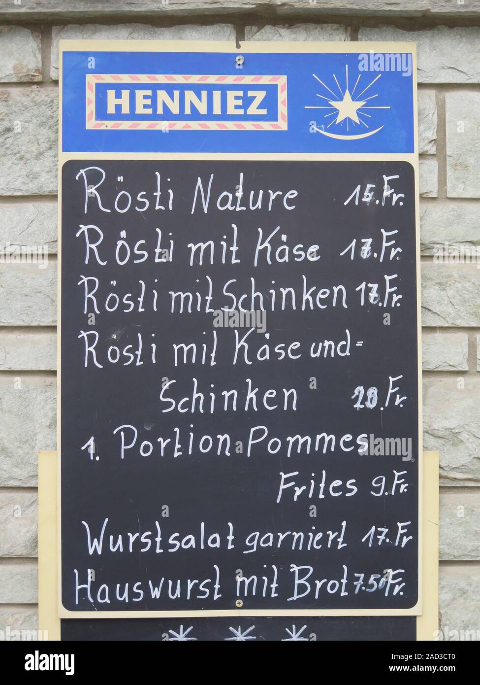 Speisekarte, Kreidetafel, Rösti, Zermatt, Wallis, Schweiz Stock Photo