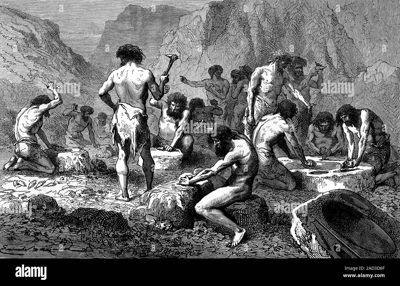 Early stone tool use. 1872 illustration of a group of prehistoric ...