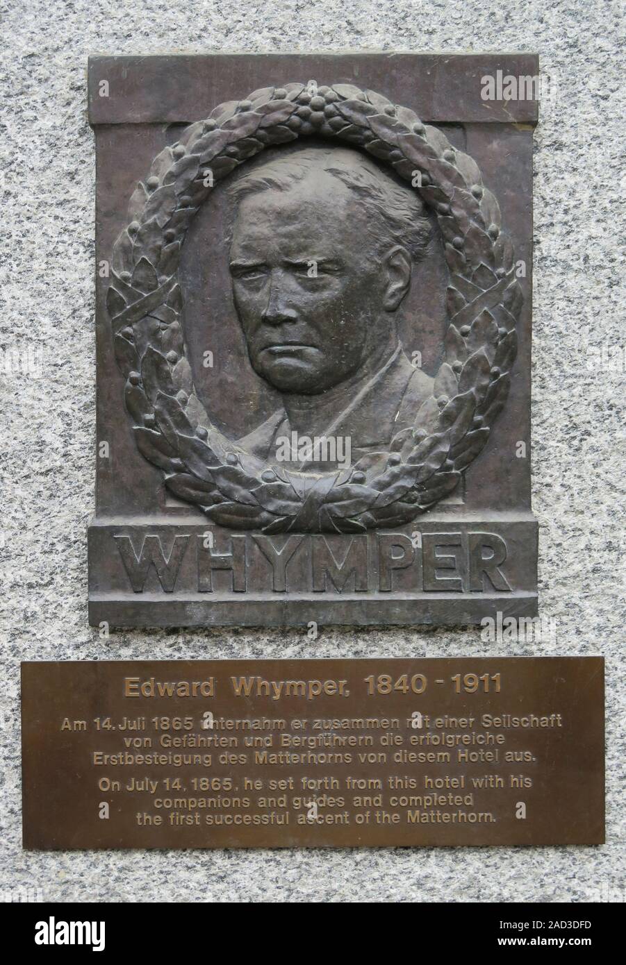 Gedenktafel Edward Whymper,  Zermatt, Wallis, Schweiz Stock Photo