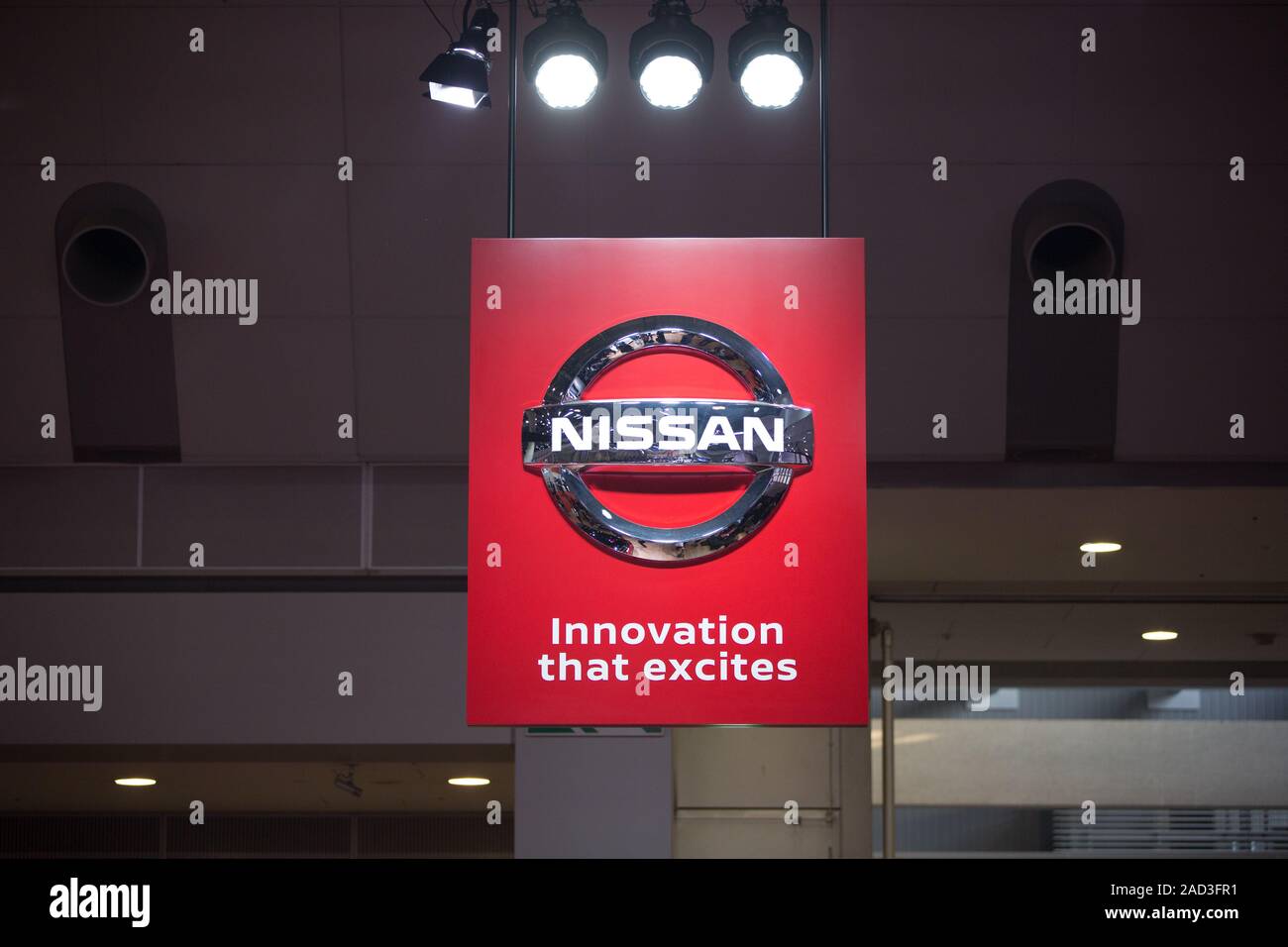 Nissan company logo at the Nissan exhibition area at the Tokyo Motor Show  2019. Congress Center Tokyo Big Sight Stock Photo - Alamy, image size:1300x956