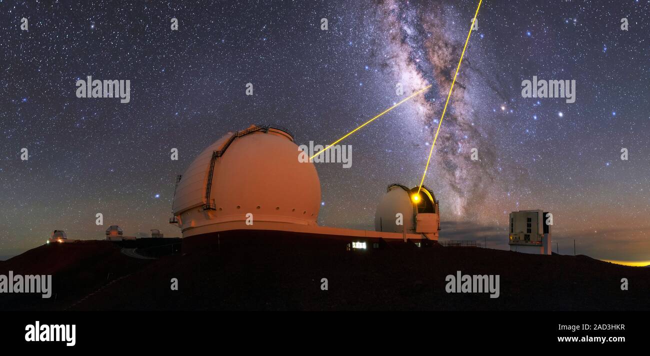 Milky Way over Mauna Kea observatories. View of the Milky Way in the night sky over the domes of