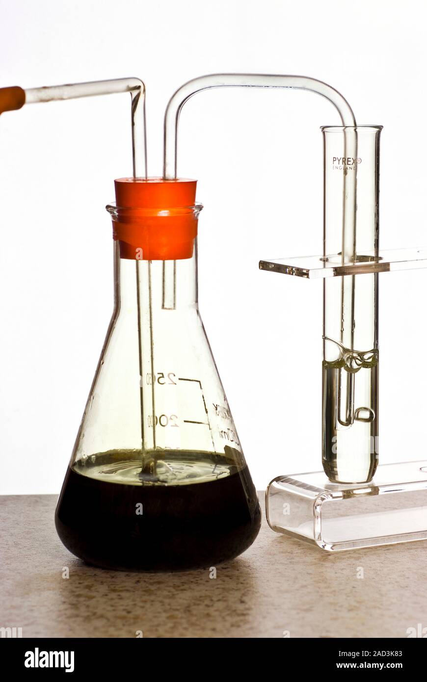 Iodine being displaced from potassium iodide. Apparatus used to show how a clear solution of