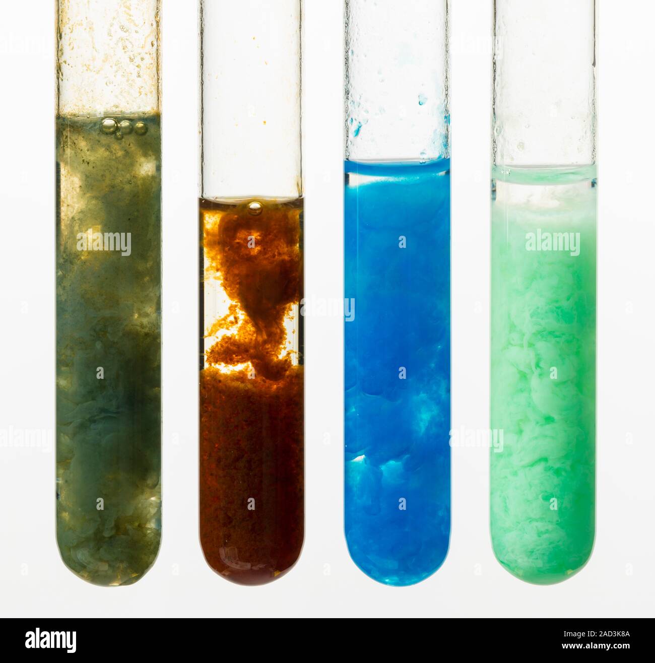 Sodium hydroxide and transition metals. Test tubes containing sodium