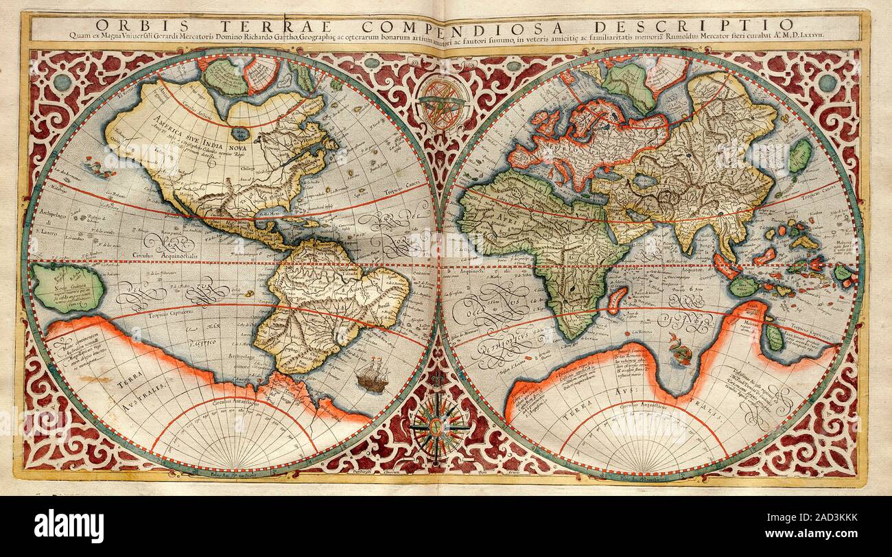 World map, 1595 Mercator atlas. 16th-century Dutch world map, with