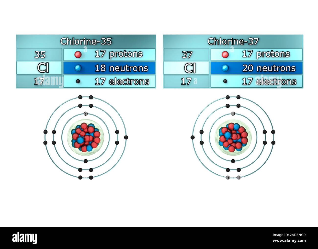 Isotopes of chlorine. Illustration showing the two principal stable