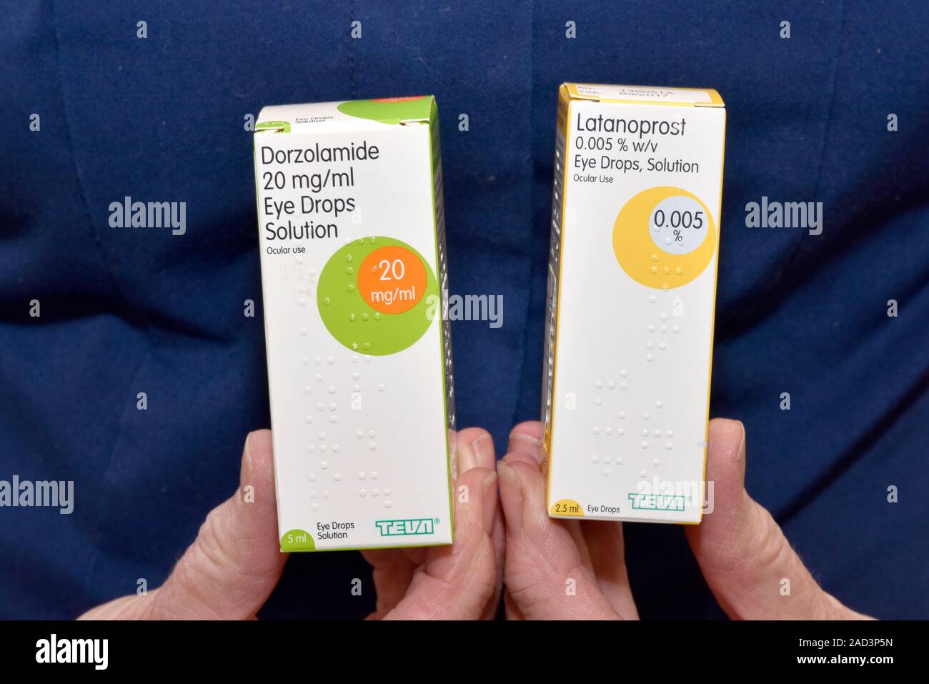 eye drops. Nurse holding boxes containing dorzolamide and