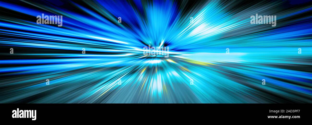 Hyperspace warp blurred motion in galaxy. Concept of intergalactic travel. Light velocity. Starburst. Teleportation. Outer space. Red purple blue brig Stock Photo