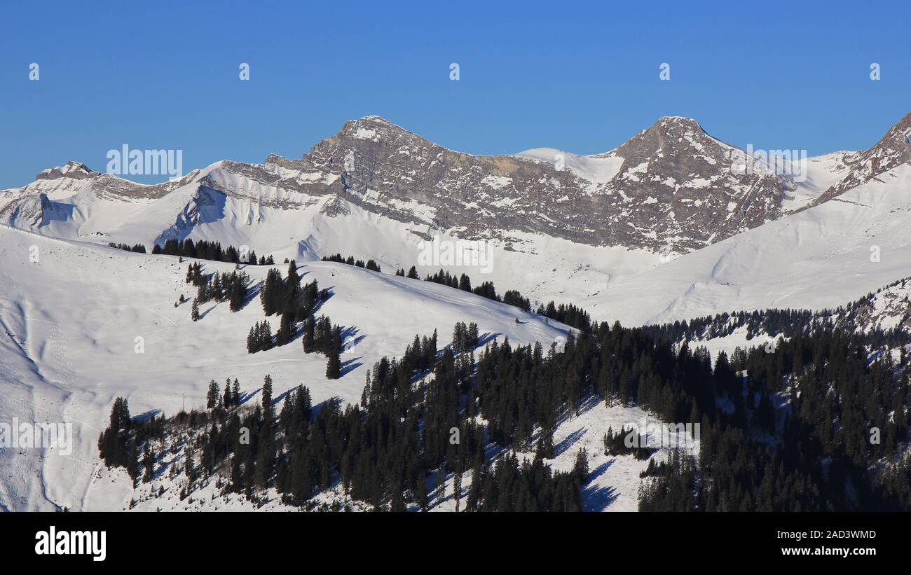 Mount Vanil Noir and other peaks seen from the Rellerli ski area Stock Photo