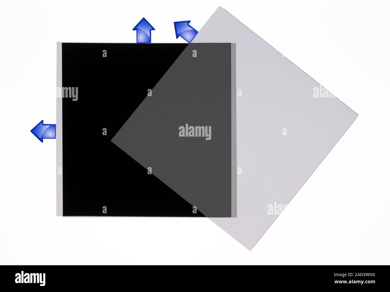 90+45-degree polarizing filters. Composite image of three polarizing ultraviolet (UV) filters, two overlapped perpendicular to each other and another Stock Photo