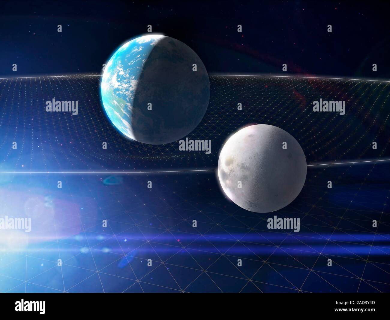 Earth and Moon and space-time. Illustration of the gravitational fields ...