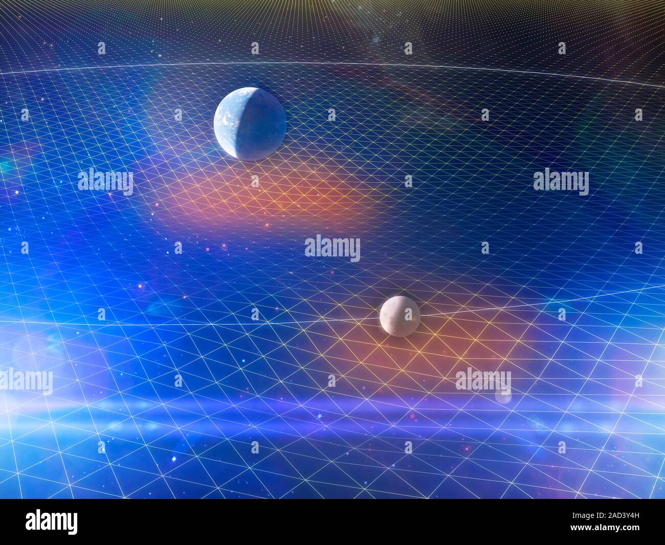 Earth and Moon and space-time. Illustration of the gravitational fields ...