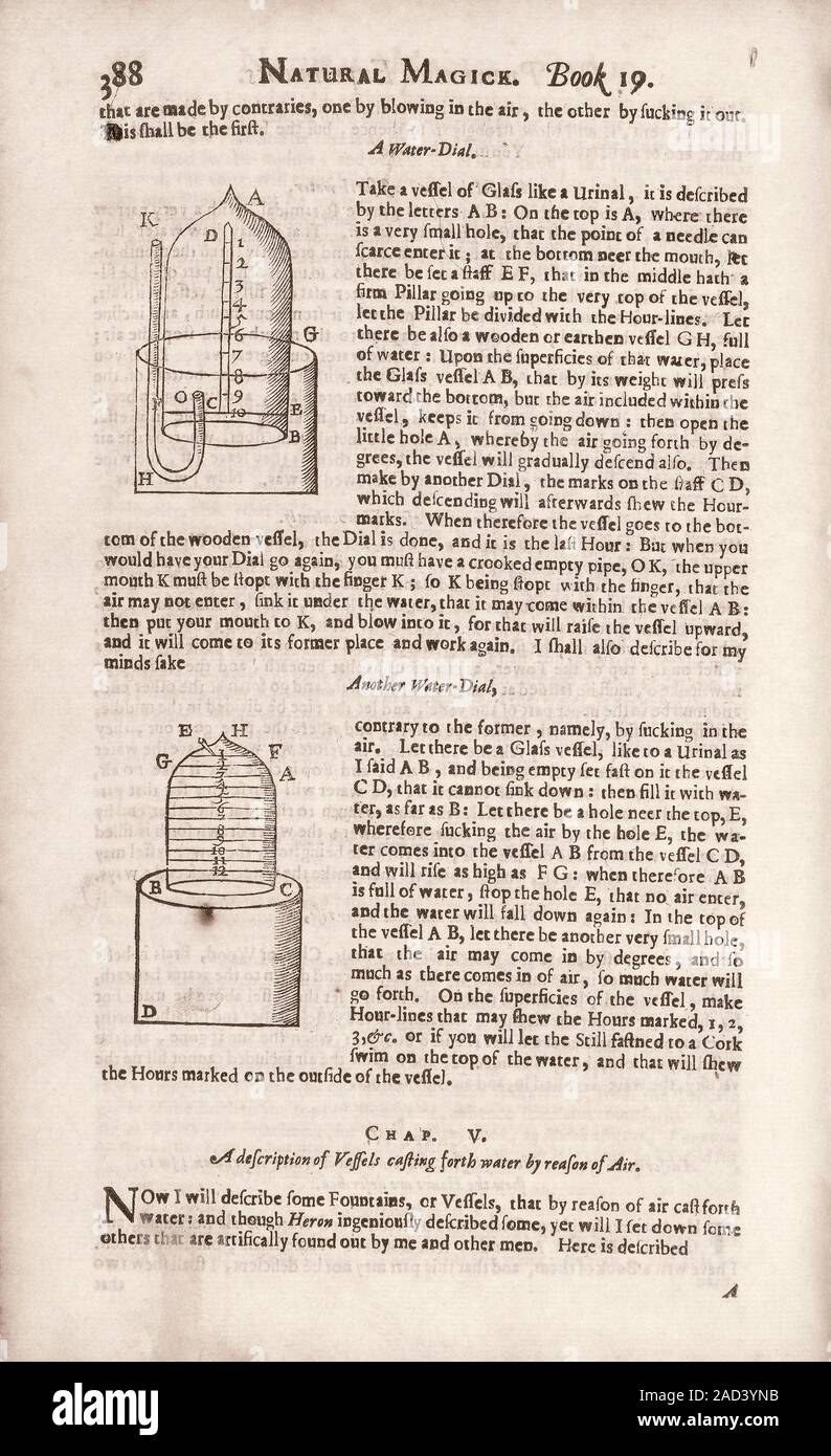 Water clocks. 17thcentury illustrations and text describing two types