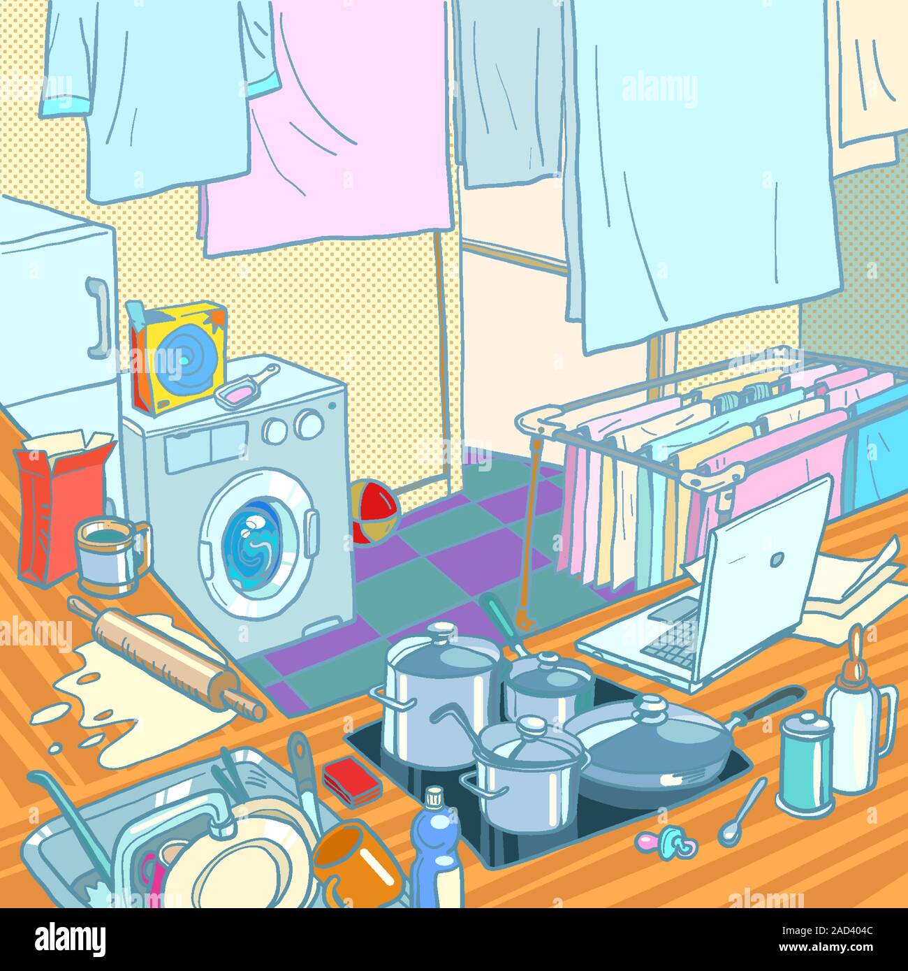 Kitchen in the house, household chores. Cooking, washing clothes and working on the computer Stock Vector