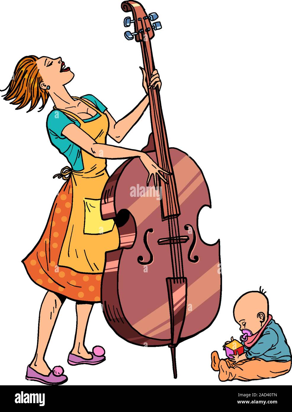 Home rehearsal. Mother with a small child plays the double bass Stock Vector