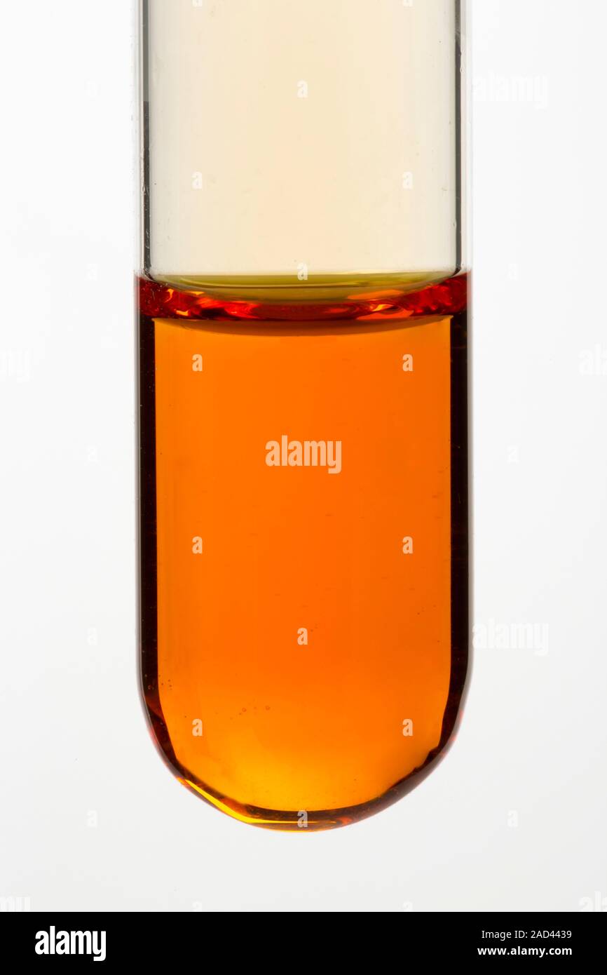 Test tube of bromine water. A dilute solution of bromine is used to