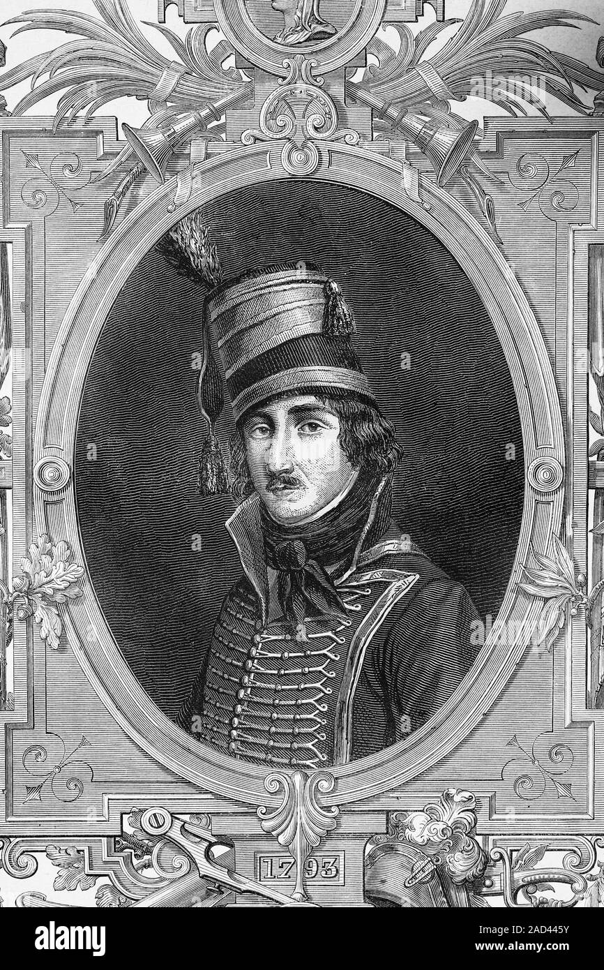François Severin Marceau. General and Minister of war. French revolutionary wars. Born 1769, died 1796. Antique illustration. 1890. Stock Photo