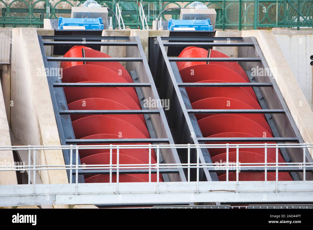 Archimedes screws, hydro power generation at the Tees barrage on the River Tees at Middlesbrough