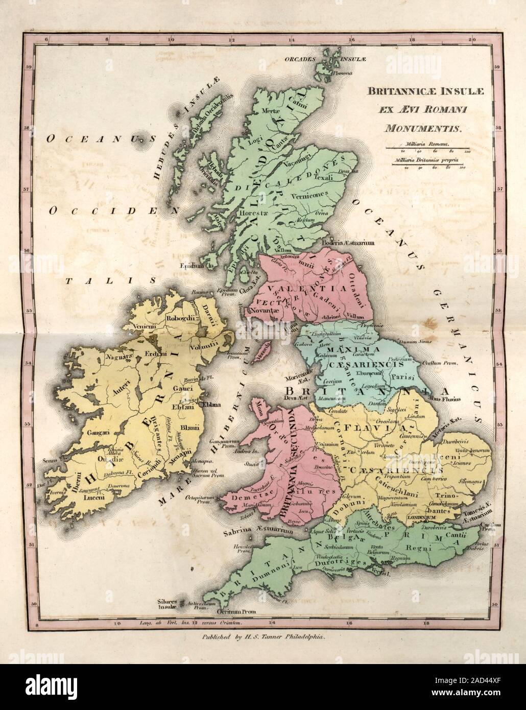 Map of Ancient Britannia, 19th century. This map is divided by colour