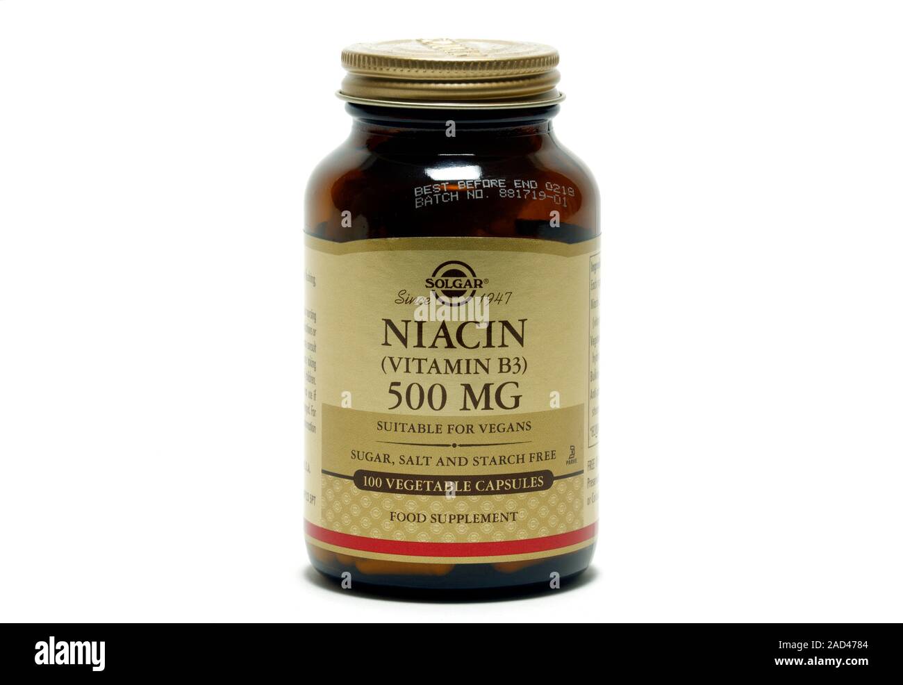 Vitamin B3 supplements. Bottle containing 500 milligram tablets of