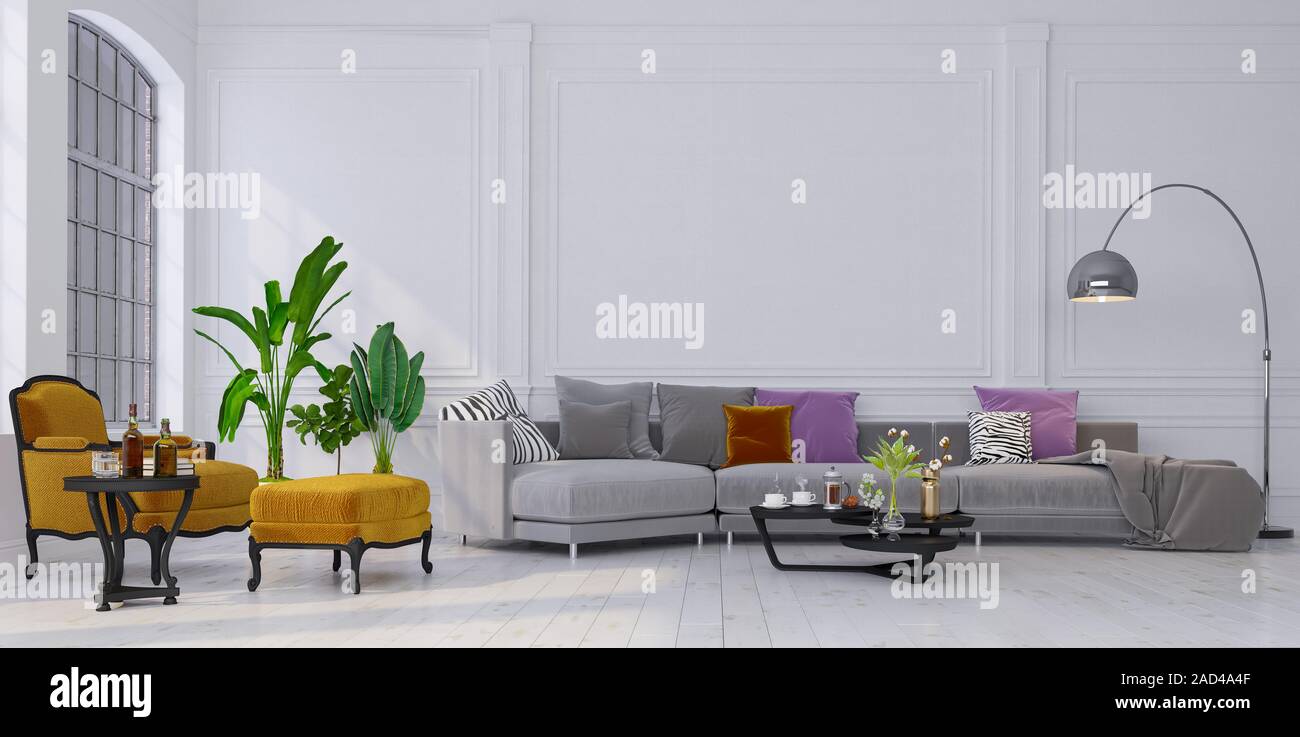 Decorative backdrop of a room at home, office and hotel. Modern interior design sofa and bright modern interior details on the background of a white c Stock Photo
