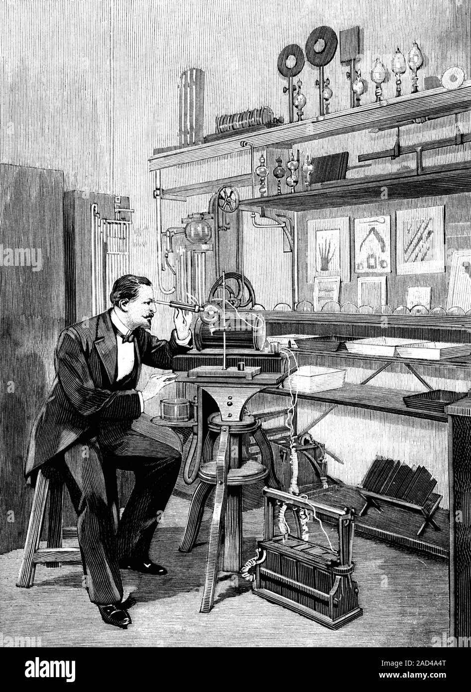 19th Century radiography. 1896 illustration of a scientist using a ...
