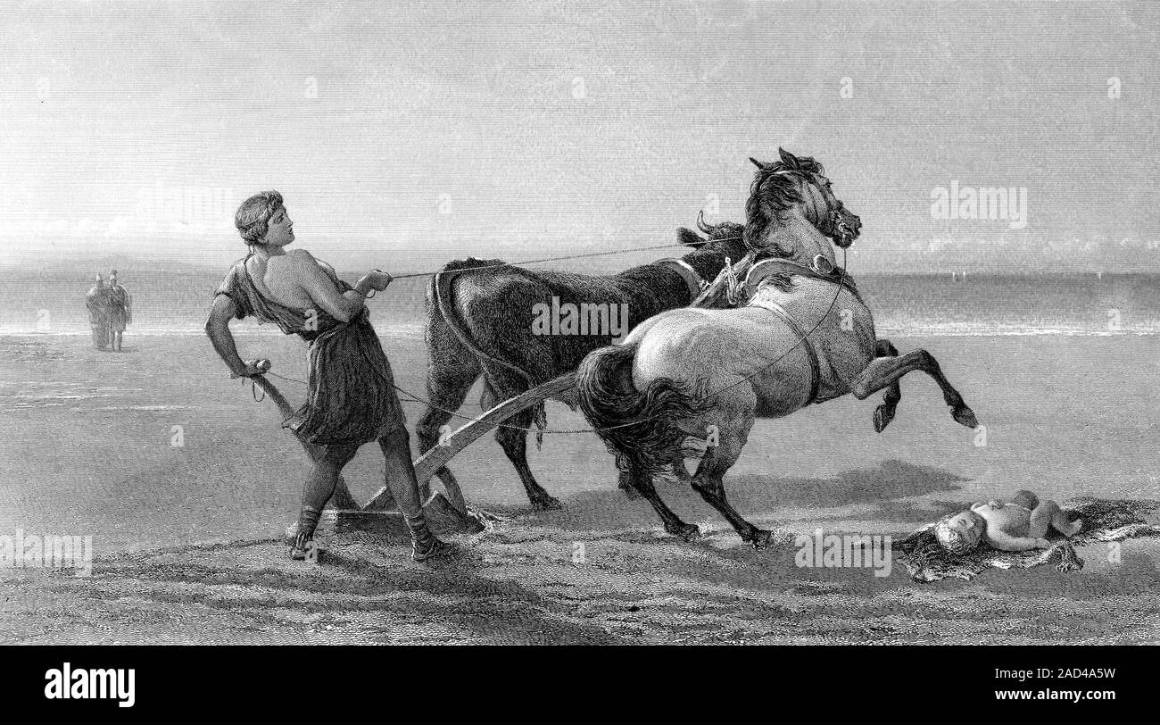 Ulysses feigning madness. 1895 illustration depicting Ulysses (Odysseus),  the legendary Greek king of Ithaca, ploughing a beach to feign madness in  an Stock Photo - Alamy