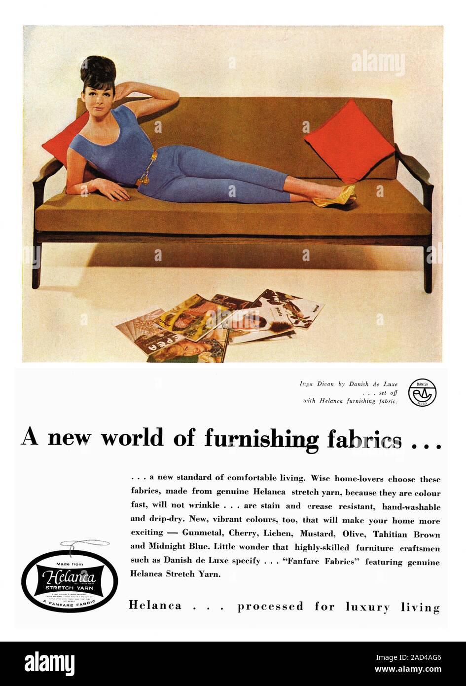 An old advert for Helanca furnishing fabrics - it appeared in an Australian magazine in 1962. The photograph shows a model relaxing on an 'Inga Divan' sofa made by Danish De Luxe. Danish de Luxe (deLuxe) was founded in Melbourne, Victoria, Australia in the 1950s, designing and manufacturing modern Danish-style furniture. Danish De Luxe also manufactured chairs for the Sydney Opera House. Helanca is a man-made, textured elastic yarn and is used in clothing and furnishing fabrics. Stock Photo