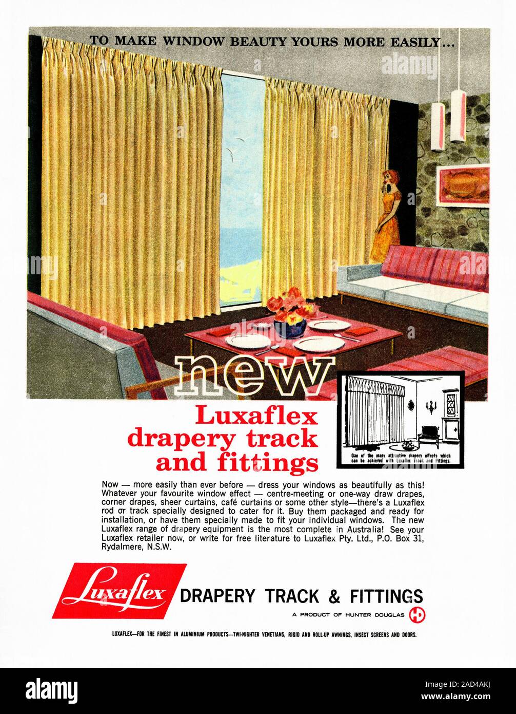 An old advert for Luxaflex curtain (drapery) track and fittings - it appeared in an Australian magazine in 1963. The illustration shows a living room with a woman opening the curtains. The Hunter Douglas Machinery Corporation in Holland introduced their aluminium Venetian Blinds in 1951 under the name Luxaflex. The product was successful around the world. Their range expanded to include indoor blinds, curtain fittings, screens and awnings. Stock Photo